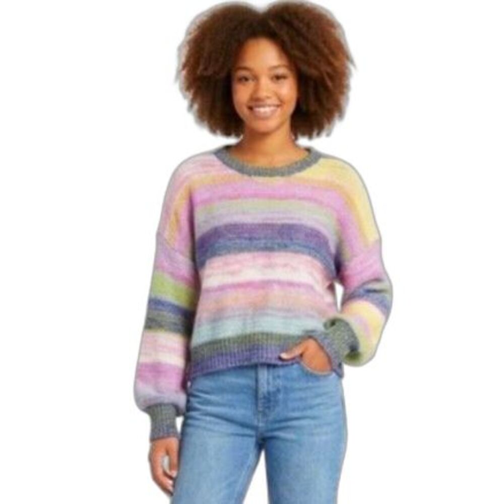 PINCH Women's NWOT Multicolor Stripe Fluffy Knit LS Crewneck Sweater Size M